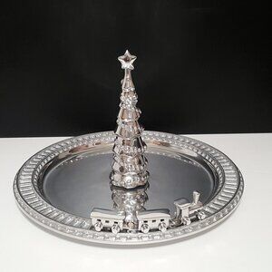 NEW RARE Pottery Barn Handcrafted Metal Holiday Train & Tree Serving Platter NIB